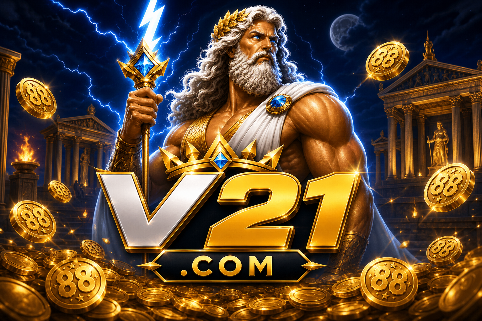 V21: Zeus bertongkat, koin 88, teks V21.com.